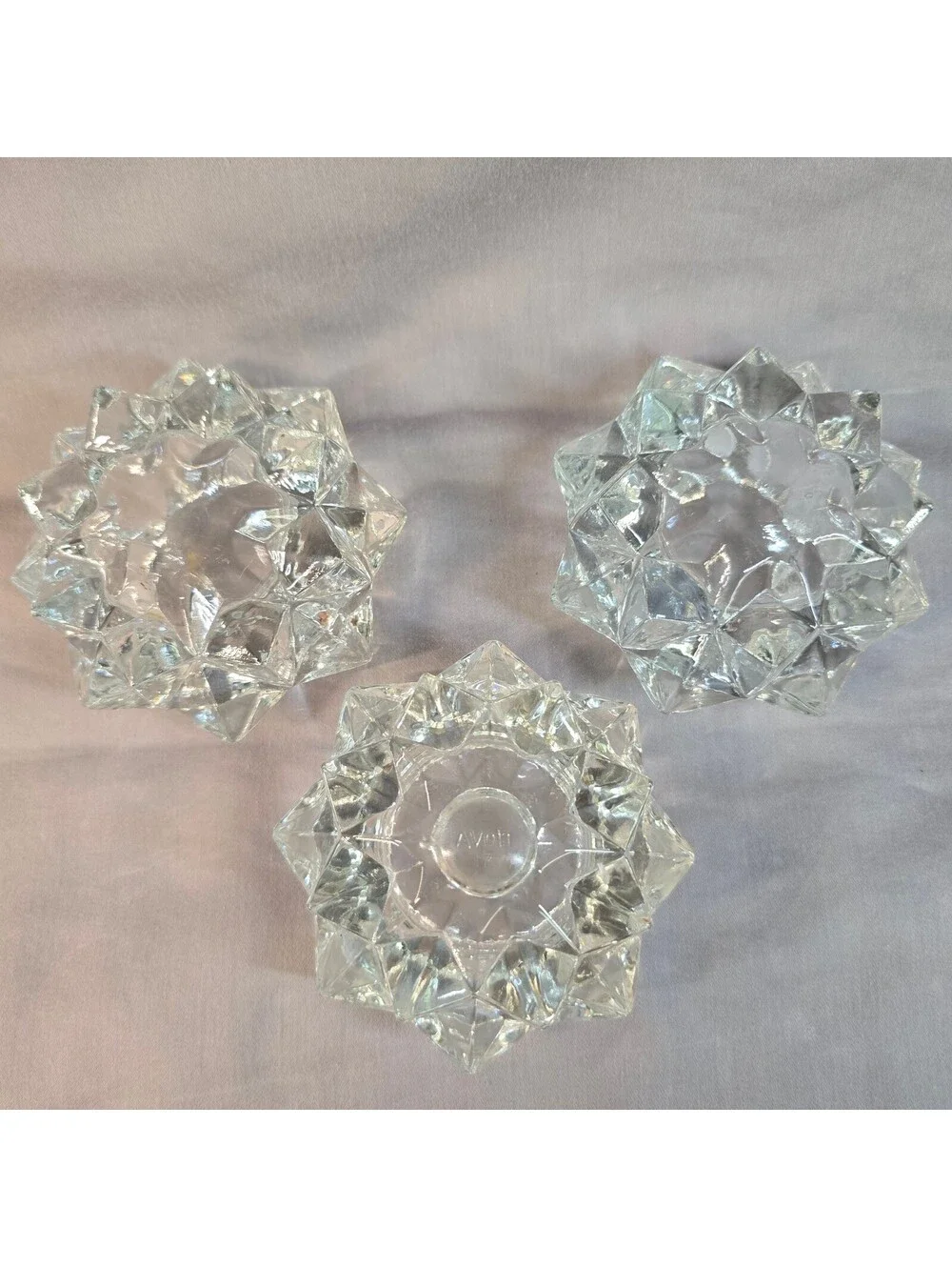 Vintage Trio Starburst Glass Votive Candle Holders-Incl. 70s Avon Gem Glow